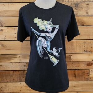 Miss Fluff Black "Blonde Pinup Witch" T-shirt Women's Relaxed Fit Size L